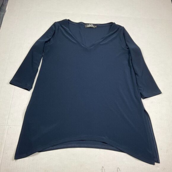 Sympli Long Tunic Top Blue V-Neck Flowy Asymmetrical Shirt Side Slits Size 4 - Picture 1 of 9